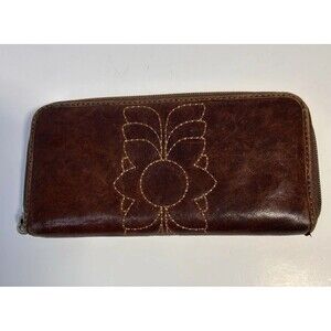 Women's FOSSIL KEY PER Brown Leather Embroidered Flower Zip Around WALLET